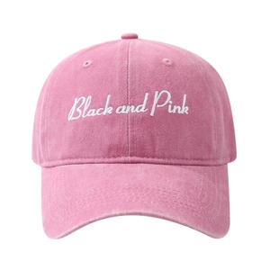 Pink washed cotton baseball cap with Black and Pink script embroidery for casual wear