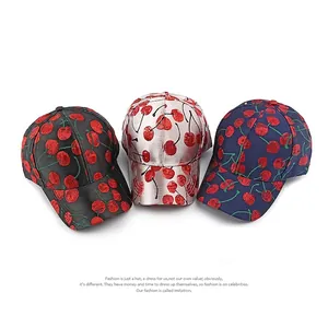 Fashionable women baseball cap with red cherry jacquard pattern in three assorted colors