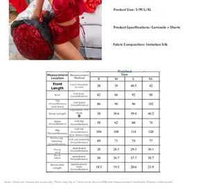 Size chart for satin pajama set featuring measurements for camisole and shorts sizes S to XL