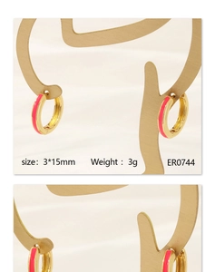 Detail view of pink enamel 18K gold hoop earring with 3x15mm dimensions and size specs