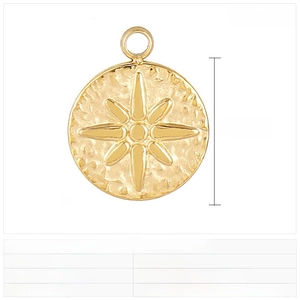 Detailed size view of a 12mm stainless steel gold disc pendant with starburst engraving