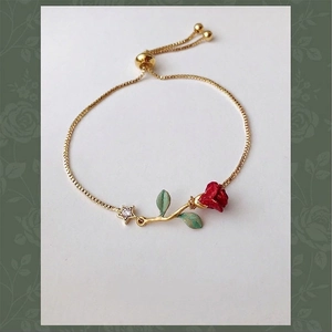 Titanium Steel Hand-Painted Red Rose Bracelet For Women Vintage Gold Plated Flower Star Rhinestone Adjustable Jewelry Gift