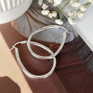 Minimalist S925 sterling silver waterdrop hoop earrings displayed with dried flowers
