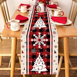 Red and black buffalo plaid Christmas table runner with beige fabric and white tree prints
