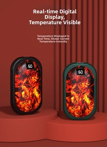 Macro detail of digital display showing 60 degrees on portable hand warmer with charcoal pattern