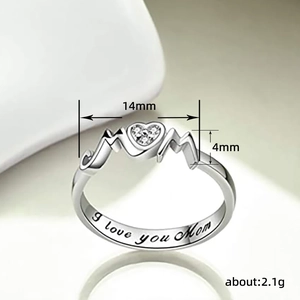 Silver MOM ring with heart-shaped stone and I love you Mom engraving for Mother's Day