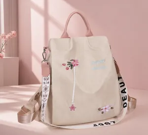 Detailansicht des beigen Damen-Nylonrucksacks mit Blumenstickerei und rosa Tragegriff