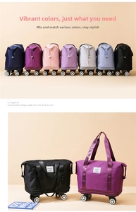 Detail view of large-capacity travel bag with smooth 360-degree wheels in multiple colors