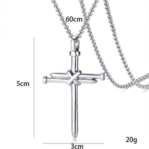 Classic silver stainless steel cross necklace with a unique triple nail design and 60cm chain