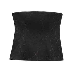 Women Sexy Black Tube Top Pleated Crackle Metallic Foil Textured Slim Fit Strapless Bandeau Top Modern Streetwear
