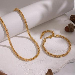 Ensemble collier et bracelet chaîne torsadée bicolore en acier inoxydable doré à l'or 18K