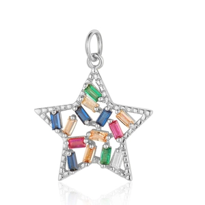 Detailed view of a silver star pendant inlaid with colorful zirconia crystals on white background