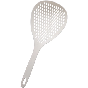 Japanese style large white strainer with long handle and oval holes for kitchen use
