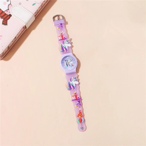 Detailed view of purple unicorn watch with 3D silicone strap and soft pastel colors