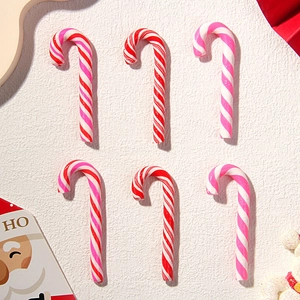 6pcs Polymer clay Christmas candy cane charms in red, white and green stripes for DIY crafts