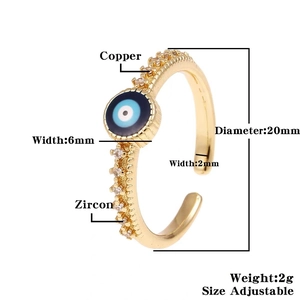 Detail of adjustable copper evil eye ring with zircon inlay and exact dimensions