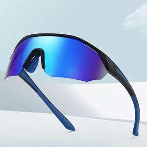 Polarized sports sunglasses with blue mirror lenses and black frame for cycling and hiking