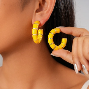 Vintage C-Shape Hoop Earrings Alloy Enamel Segmented Design With 925 Sterling Silver Earring Post Women Fashion Jewelry