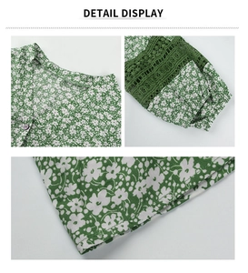 Detail display of V-neckline with buttons and green lace stitching on floral blouse