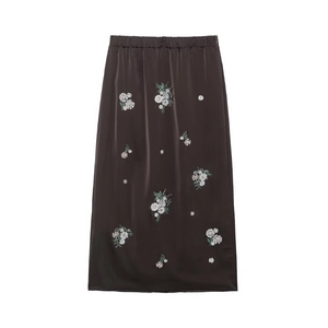 Jupe Midi En Satin Pour Femmes Broderie Florale Élégante Paillettes Perles Taille Élastique Style Vintage Café