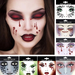 Halloween face stickers set with red glitter tears, spider web and bat designs for parties