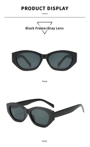 Front and side views of vintage cat eye sunglasses with black frame and grey lenses