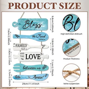 Coastal wooden kitchen wall sign with cutlery shapes and blessing text, 29cm width size chart