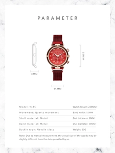 Spécifications de la montre quartz pour femme avec bracelet en maille rouge et cadran rose