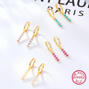 925 Sterling Silver Hoop Dangle Earrings With Colorful Round Cubic Zirconia Dopamine Style Fashion Jewelry For Women