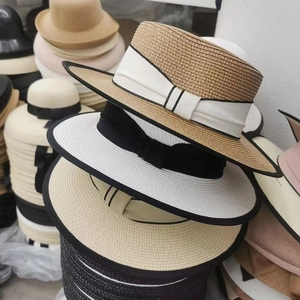 Women's French Vintage Flat Top Straw Hat Large Brim Bow Ribbon Sun Protection Elegant Summer Boater Hat For Beach Travel Women