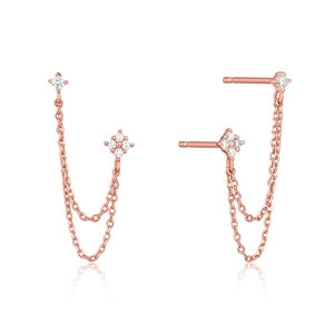 Rose gold chain tassel earrings with sparkling rhinestones on a clean white background