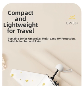 Flat lay of white UV umbrella with yellow heart pattern and spherical handle