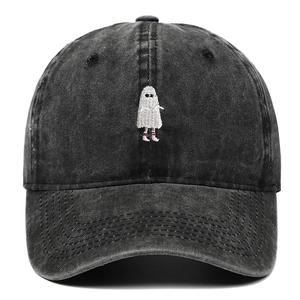 Faded black washed baseball cap featuring a ghost embroidery with striped socks motif