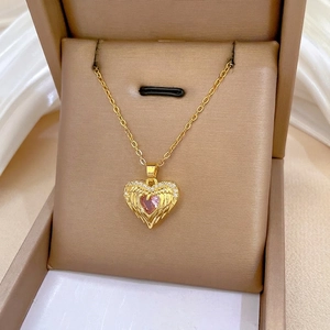 Angel Wings Heart Pendant Necklace Pink Gemstone Zircon Gold Stainless Steel Chain Elegant Jewelry For Women