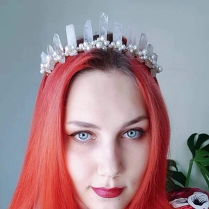 Natural rose quartz and pearl crown headband with handmade wire wrapping on model