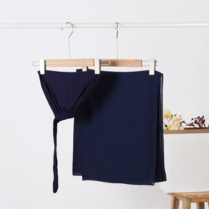 Navy blue modal stretch inner cap and pearl chiffon scarf set on a wooden hanger