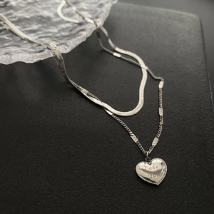 Double-layered silver stainless steel snake chain necklace with heart Love You pendant