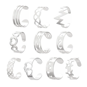 10er-Set verstellbare Zehenringe in Silber mit Stern- und Mondmotiven und geometrischen Designs