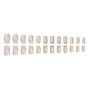 Short square press-on nails in nude pink with golden swirling glitter patterns