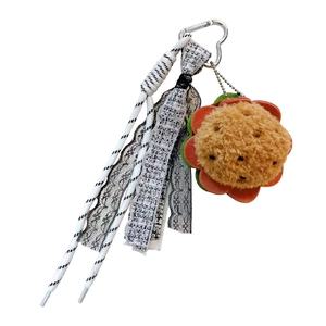 Cute plush flower hamburger keychain with lace and tweed ribbon bag charm for women