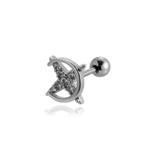 Detail of silver star and moon earrings with clear stones and screw back studs