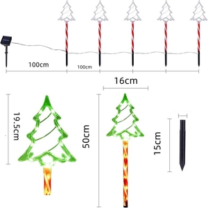 Solar Christmas tree stake lights dimensions showing 100cm spacing and 50cm height details