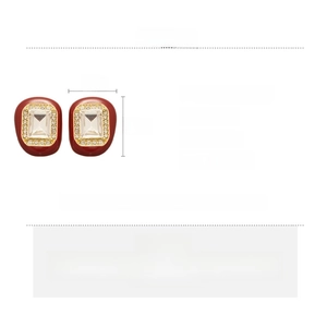 Detail view of red enamel geometric earrings with dimensions and product specifications