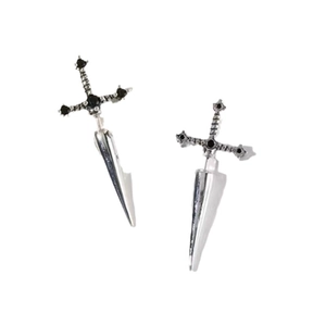 Gothic sword stud earrings in silver-tone metal with black crystals for a punk style