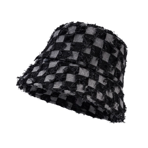 Checkerboard pattern fisherman bucket hat with distressed frayed edges in black and grey