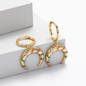 Detail of S925 silver gold crescent earrings featuring colorful rainbow zircon stones