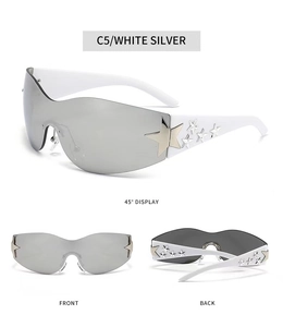 Y2K rimless silver mirror sunglasses with white frame and star details from multiple angles