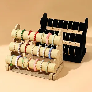 Three-tier velvet and linen bracelet display stand for watches and jewelry organizers