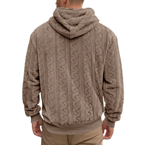 Detailed back view of men's brown hoodie showing thick cable knit jacquard teddy fleece