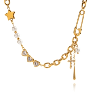 Gold stainless steel paperclip necklace with pearl, heart zircon, and cross charms